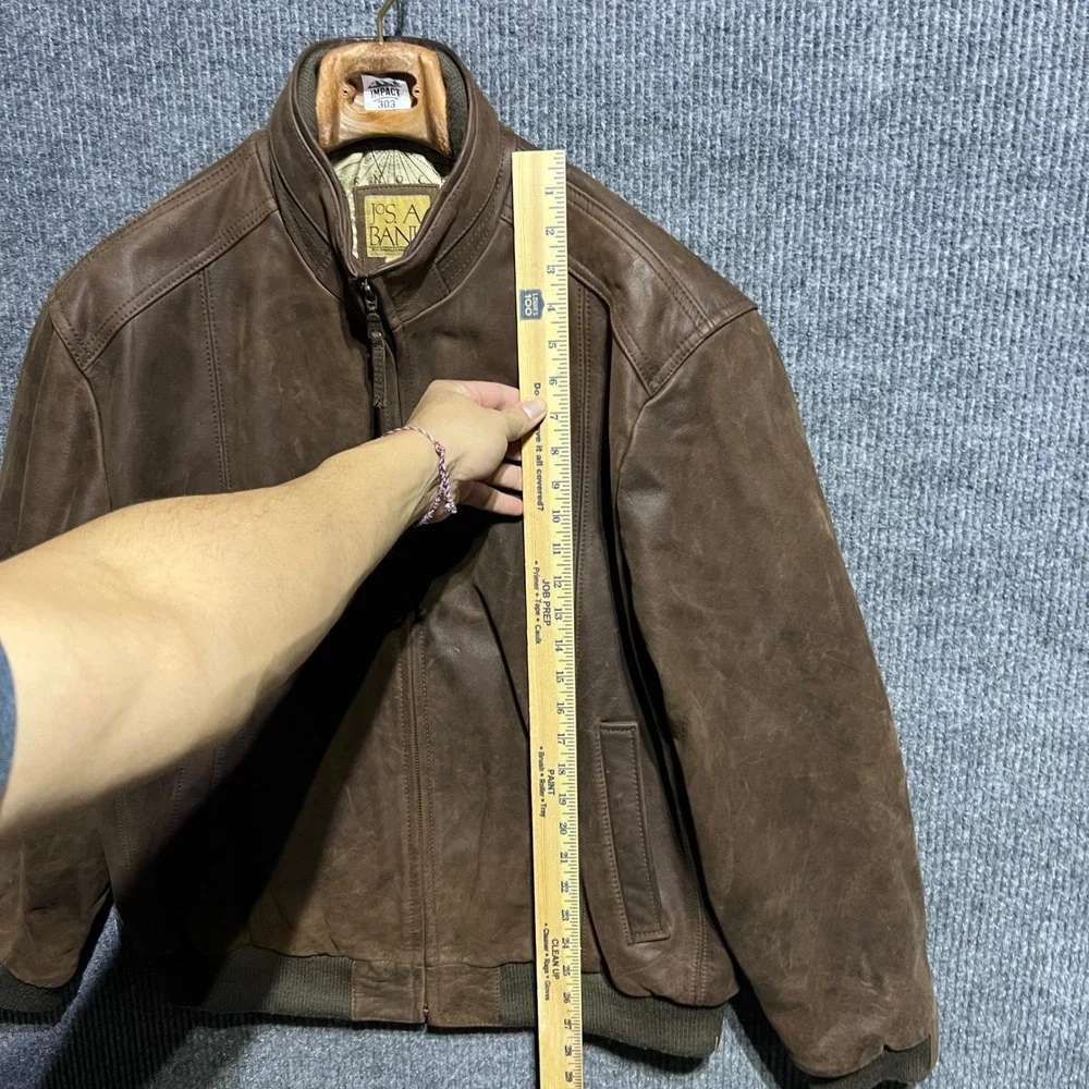 Jos A Bank Leather Bomber Jacket Mens L Brown Flight Map Lining Full Zip Casual